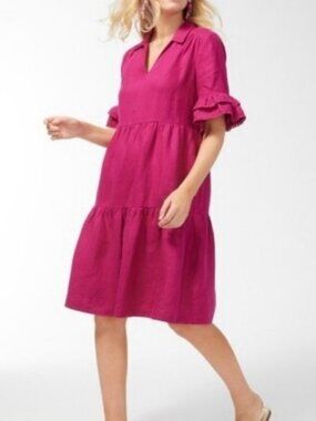 Chico’s Berry Linen Sundress Womens Size 25 Large Tiered Ruffle Sleeve Pockets